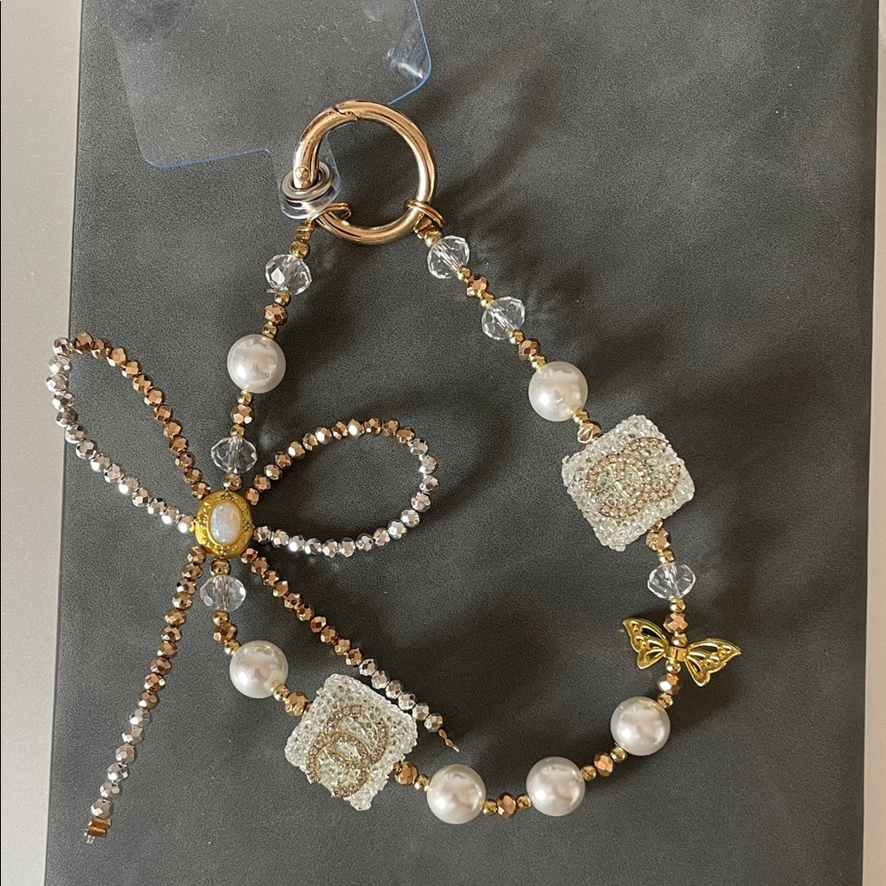 SOLD Beaded Pearl & Crystal Keychain with Gold Butterfly Accent